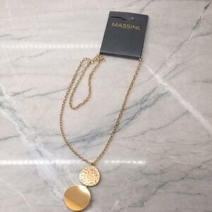Massini Gold Tone Double Disc Pendant Necklace Long Chain- 14 inch drop, NWT